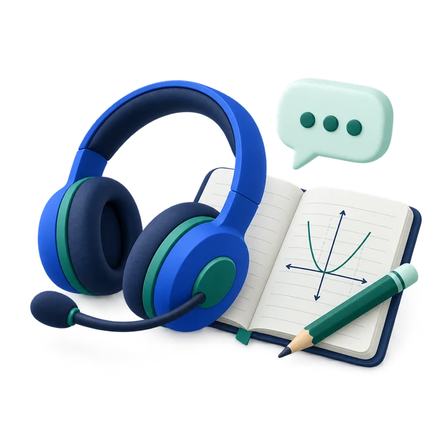 Headset beside an open Math notebook