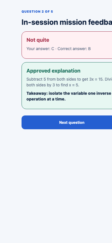 LowKey Prep on phone — in-session feedback with explanation