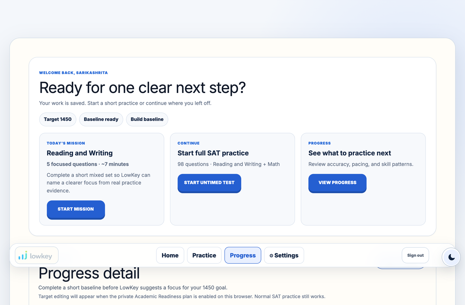 LowKey Prep Student progress detail toward a practice target